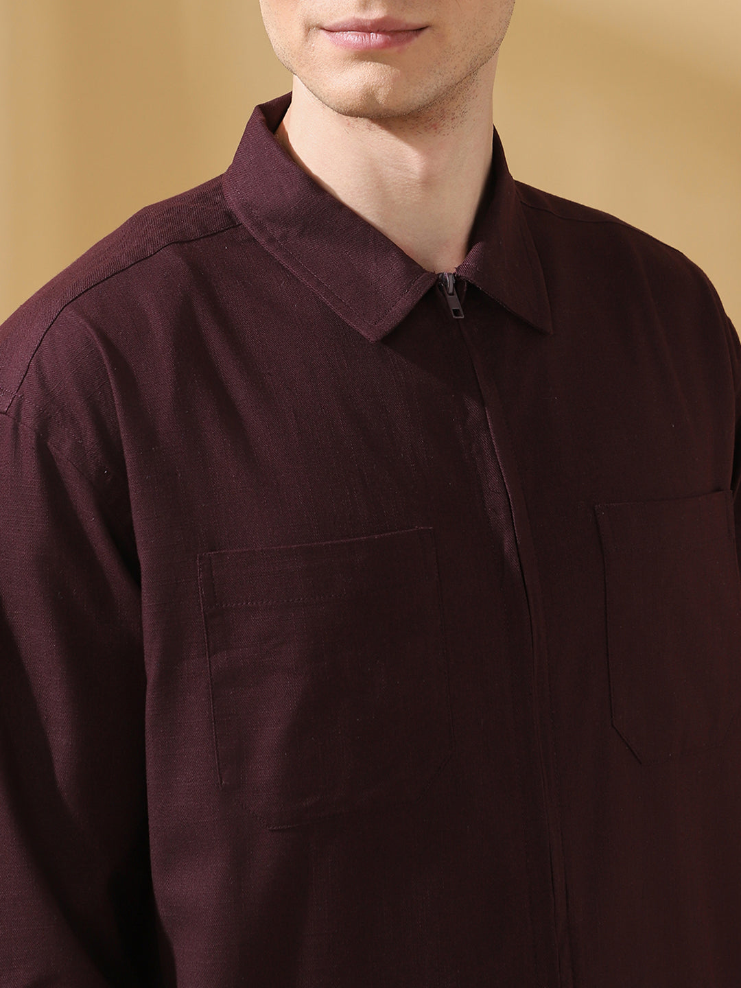 Men Relaxed Fit Spread Collar Textured Cotton Shirt