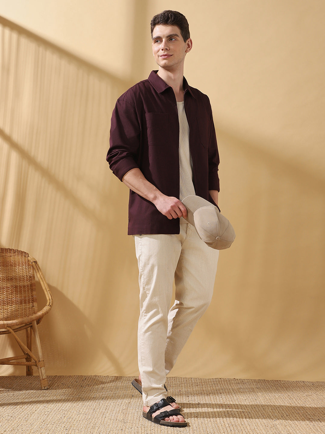 Men Relaxed Fit Spread Collar Textured Cotton Shirt