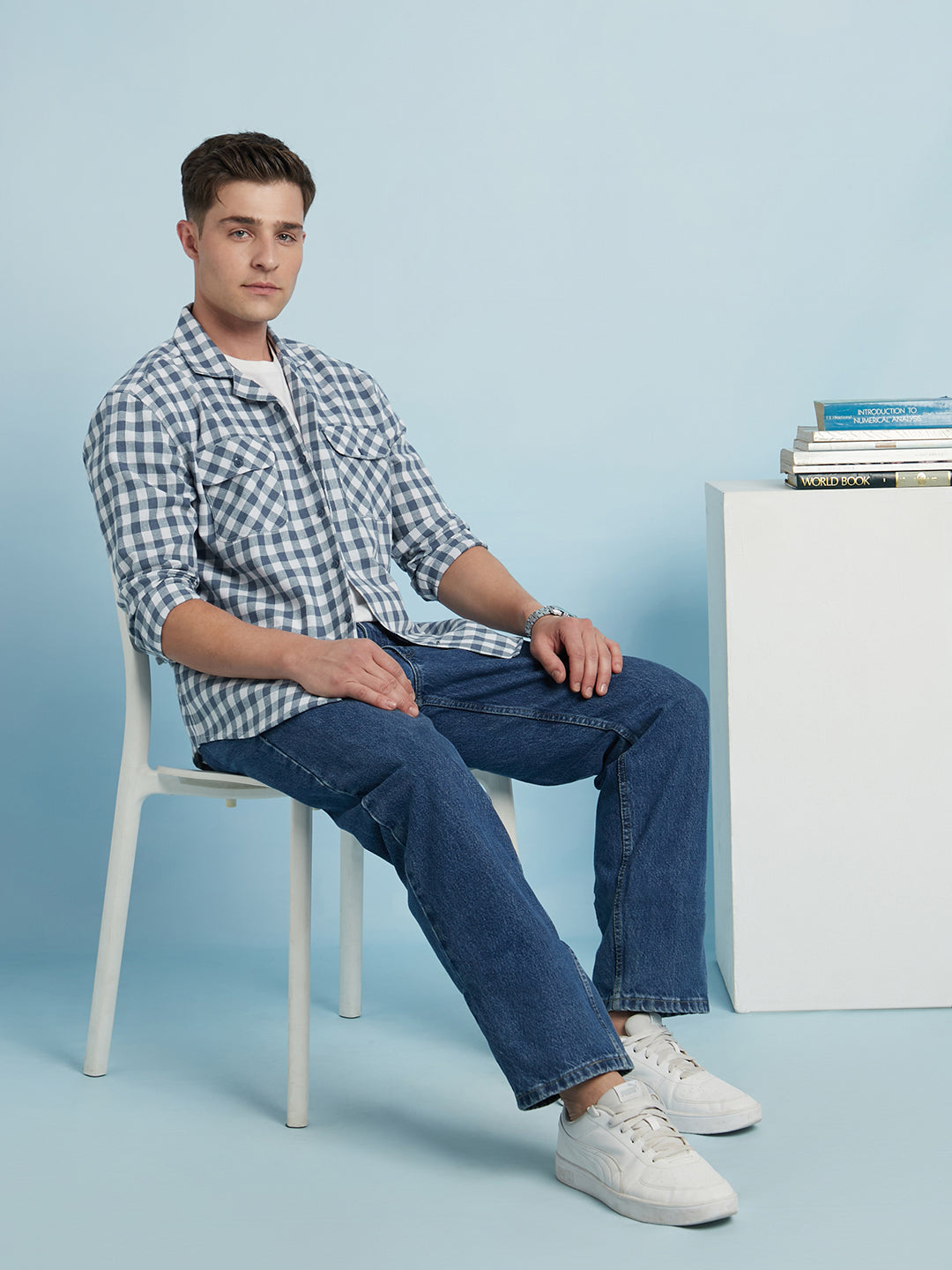 Men Blue Checks Cuban Collar Full Sleeves Regular Fit Shirt