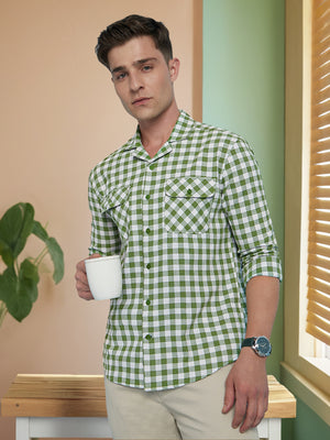 Men Green Checks Cuban Collar Full Sleeves Regular Fit Shirt