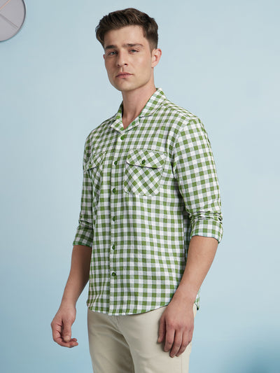 Men Green Checks Cuban Collar Full Sleeves Regular Fit Shirt
