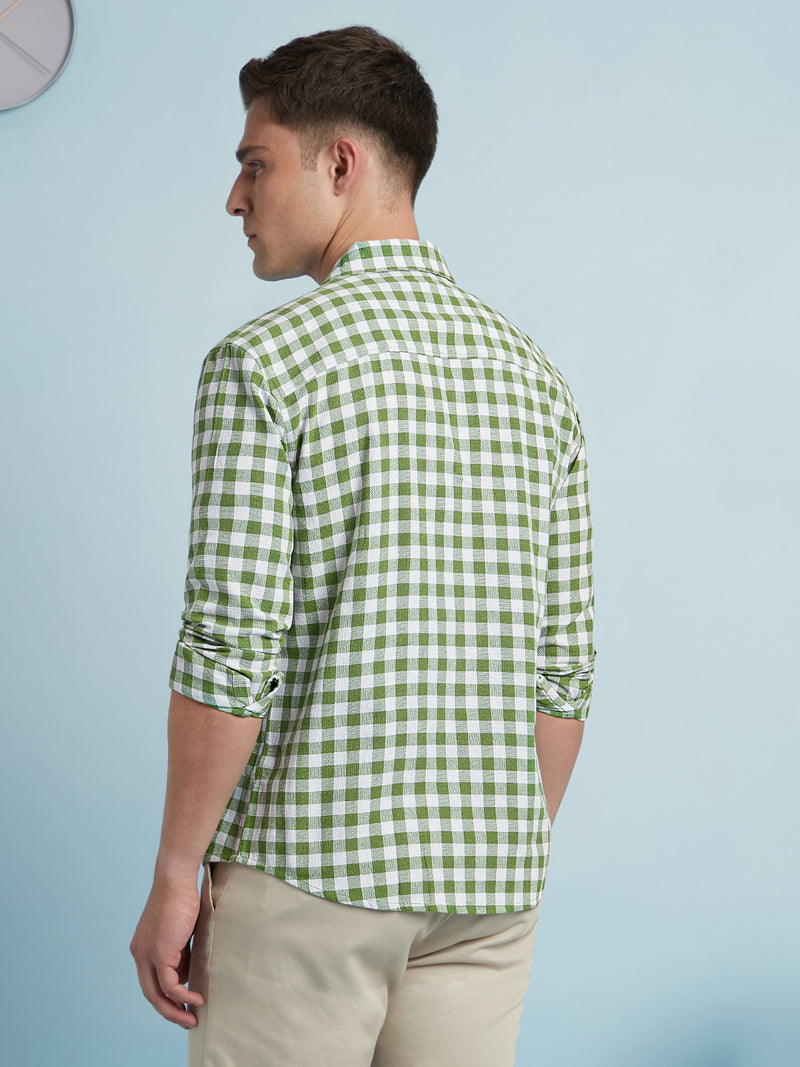 Men Green Checks Cuban Collar Full Sleeves Regular Fit Shirt