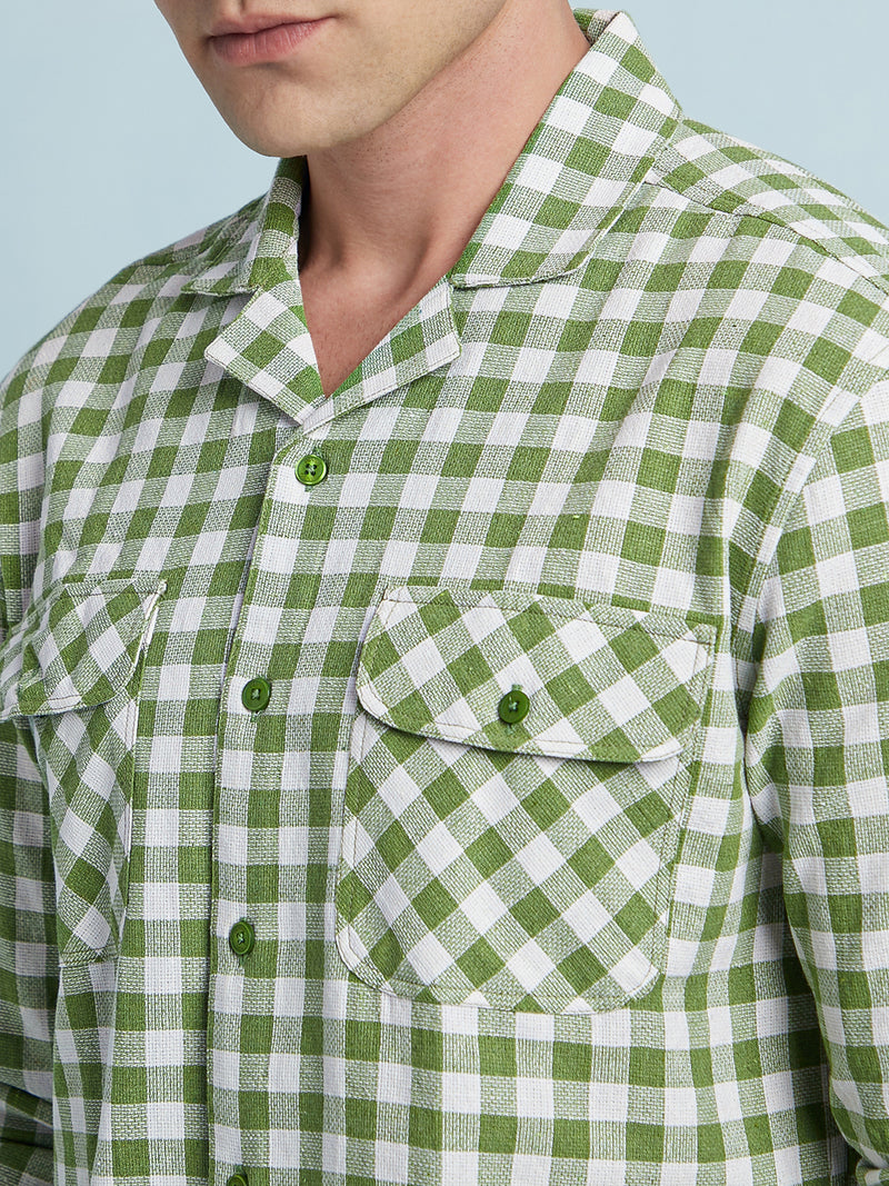 Men Green Checks Cuban Collar Full Sleeves Regular Fit Shirt