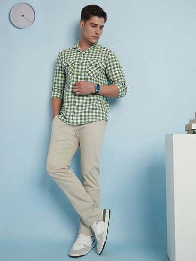 Men Green Checks Cuban Collar Full Sleeves Regular Fit Shirt