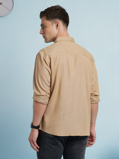 Men Beige Solid Spread Collar Full Sleeves Regular Fit Shirt