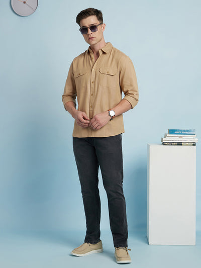 Men Beige Solid Spread Collar Full Sleeves Regular Fit Shirt