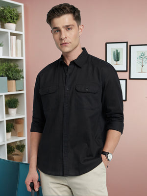 Men Black Solid Spread Collar Full Sleeves Regular Fit Shirt