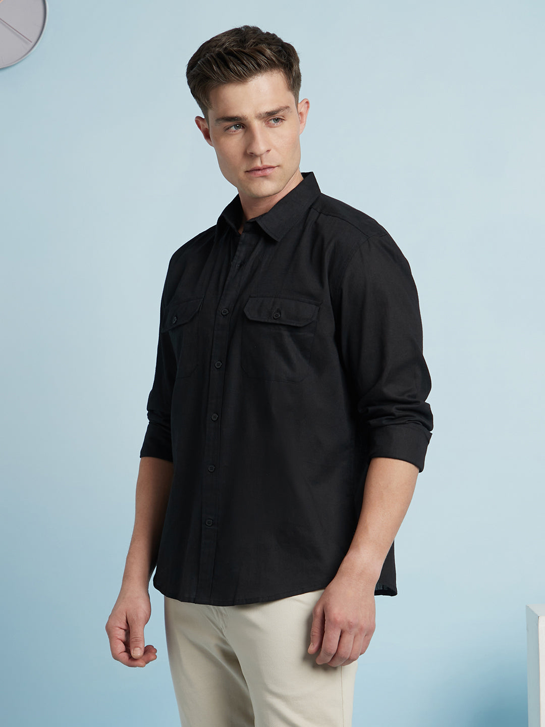 Men Black Solid Spread Collar Full Sleeves Regular Fit Shirt