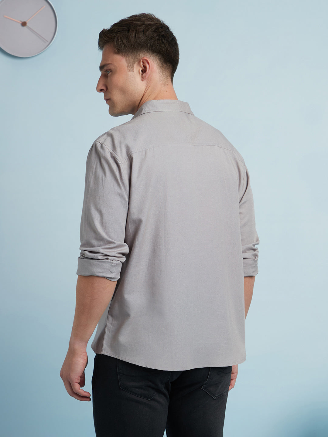 Men Light Grey Solid Spread Collar Full Sleeves Regular Fit Shirt