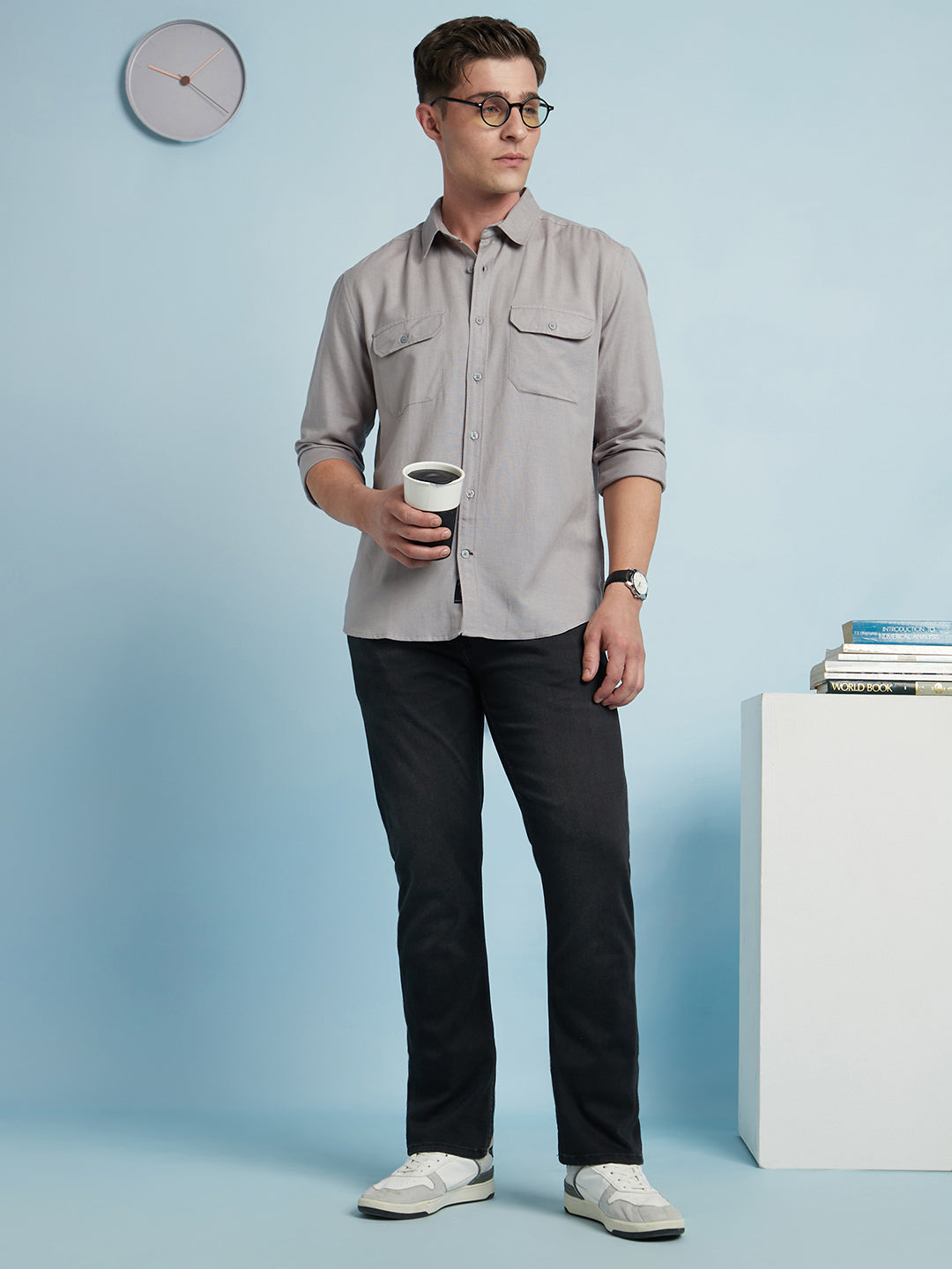 Men Light Grey Solid Spread Collar Full Sleeves Regular Fit Shirt
