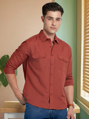 Men Rust Solid Spread Collar Full Sleeves Regular Fit Shirt