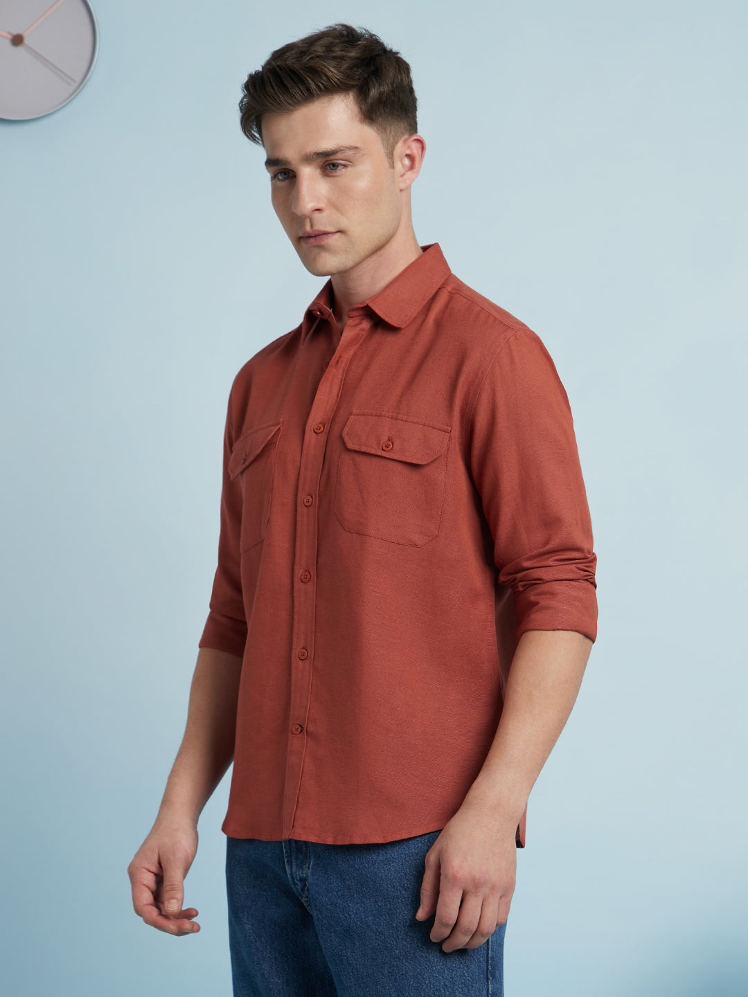 Men Rust Solid Spread Collar Full Sleeves Regular Fit Shirt