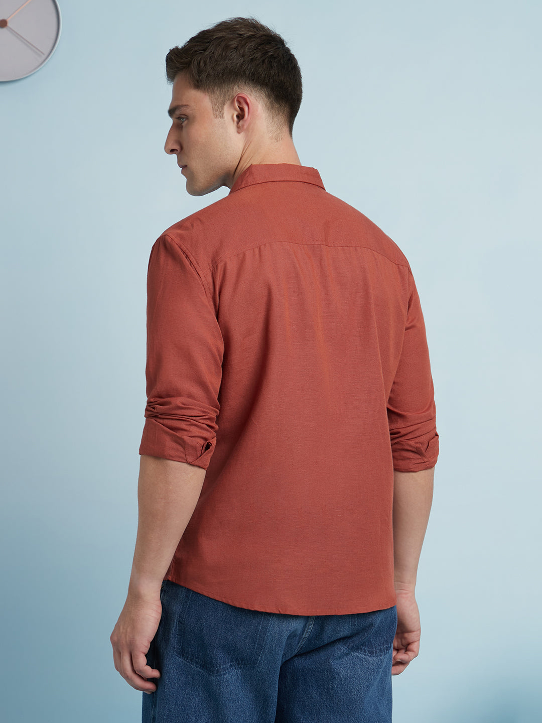 Men Rust Solid Spread Collar Full Sleeves Regular Fit Shirt