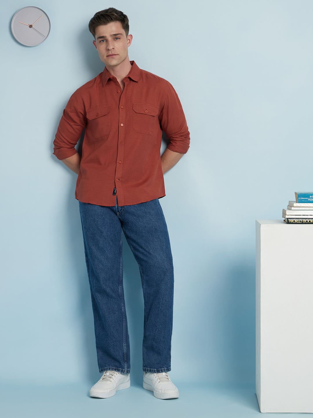 Men Rust Solid Spread Collar Full Sleeves Regular Fit Shirt