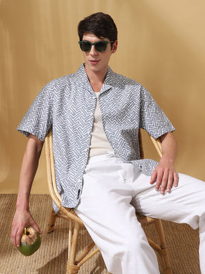 Men Printed Cuban Collar Short Sleeves Relaxed Fit Shirt