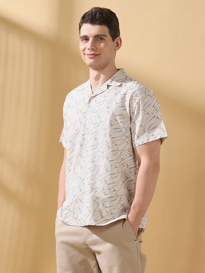 Men Printed Cuban Collar Half Sleeves Relaxed Fit Casual Shirt