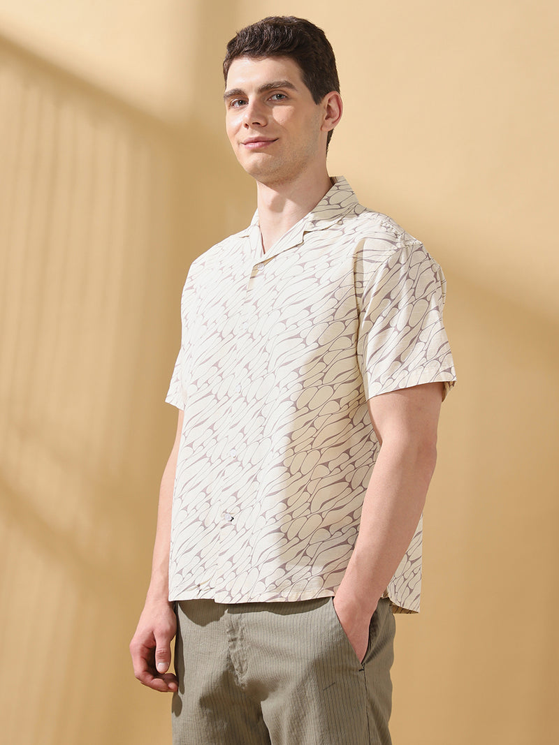 Men Printed Cuban Collar Half Sleeves Relaxed Fit Casual Shirt