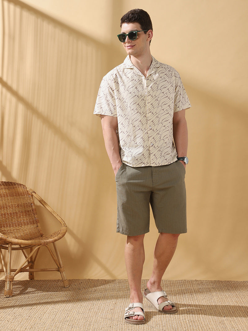 Men Printed Cuban Collar Half Sleeves Relaxed Fit Casual Shirt