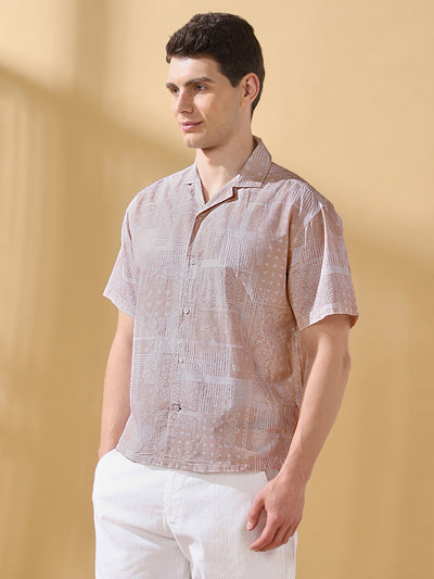 Men Printed Cuban Collar Half Sleeves Relaxed Fit Casual Shirt