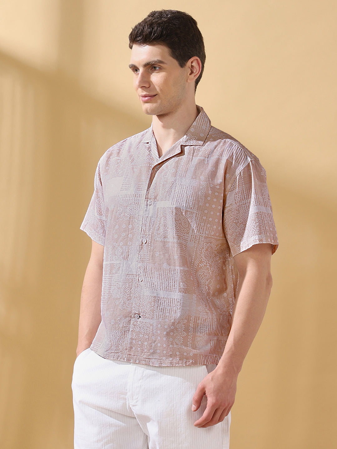 Men Printed Cuban Collar Half Sleeves Relaxed Fit Casual Shirt