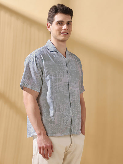 Men Printed Cuban Collar Half Sleeves Relaxed Fit Casual Shirt