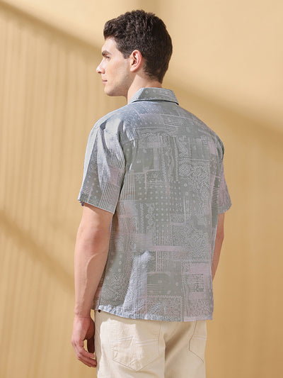 Men Printed Cuban Collar Half Sleeves Relaxed Fit Casual Shirt