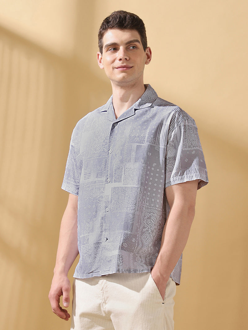 Men Printed Cuban Collar Half Sleeves Relaxed Fit Casual Shirt