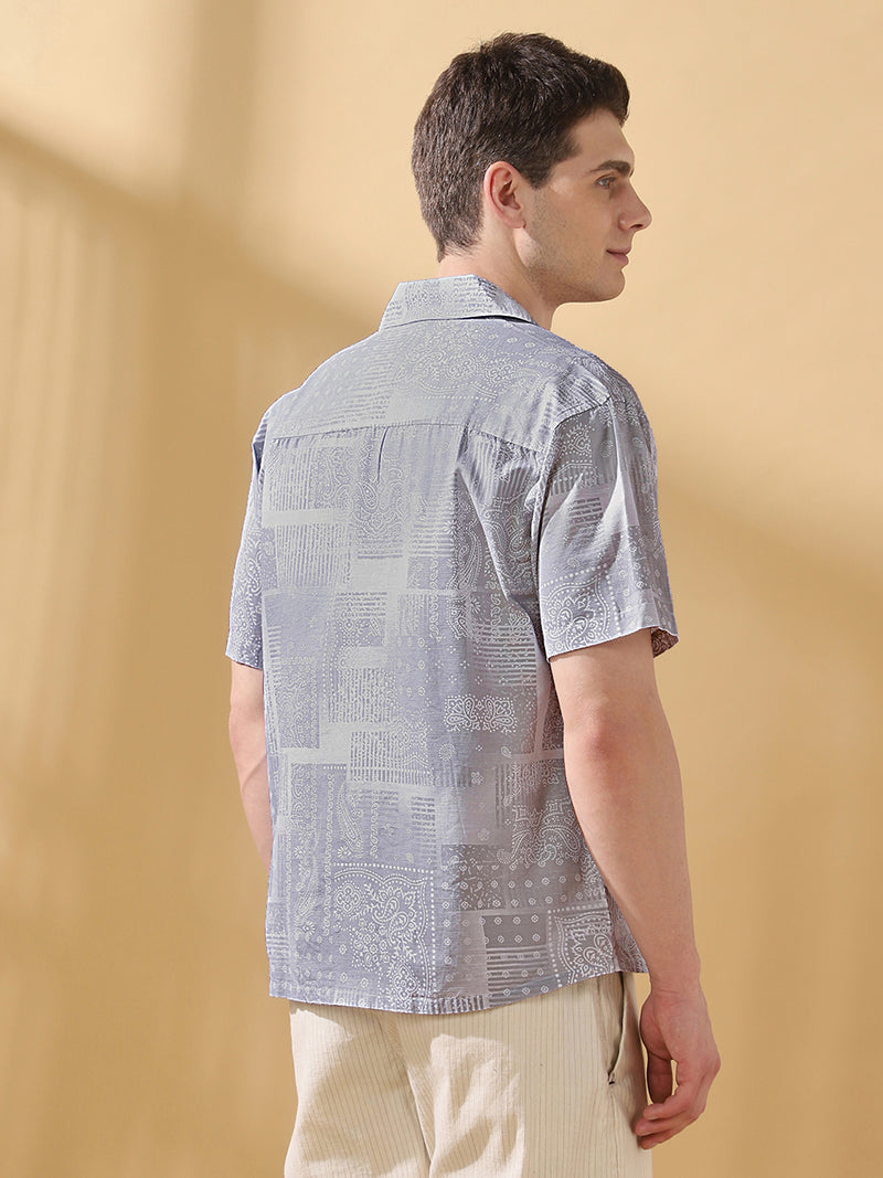 Men Printed Cuban Collar Half Sleeves Relaxed Fit Casual Shirt