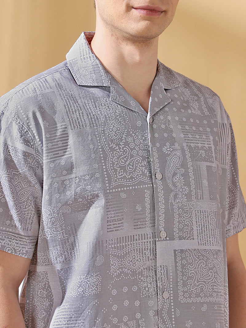 Men Printed Cuban Collar Half Sleeves Relaxed Fit Casual Shirt