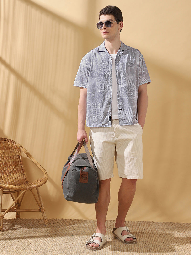Men Printed Cuban Collar Half Sleeves Relaxed Fit Casual Shirt