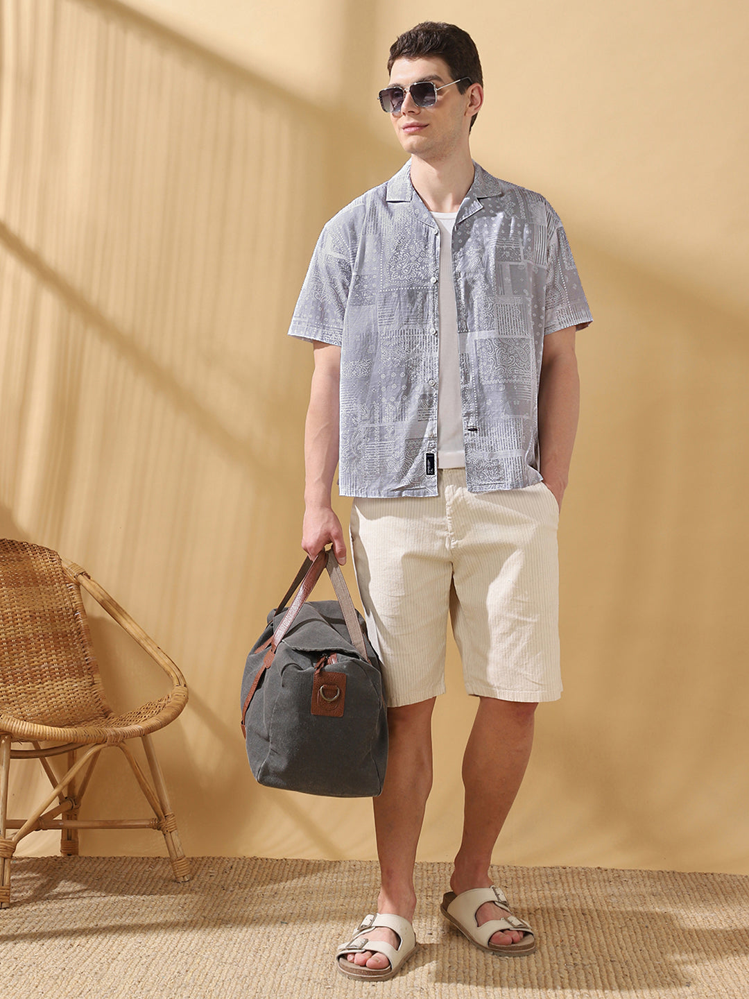 Men Printed Cuban Collar Half Sleeves Relaxed Fit Casual Shirt