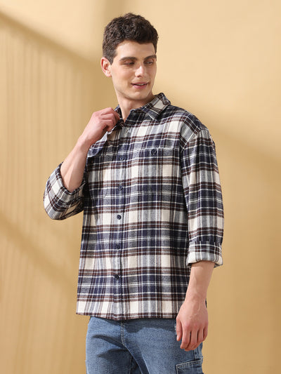 Men Relaxed Fit Flannel Checks Spread Collar Casual Shirt