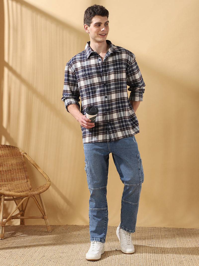 Men Relaxed Fit Flannel Checks Spread Collar Casual Shirt