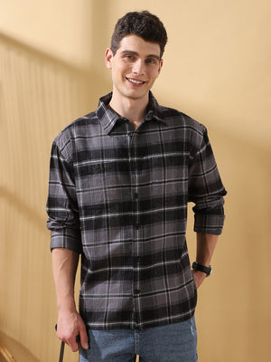 Men Black Relaxed Fit Flannel Checks Spread Collar Casual Shirt