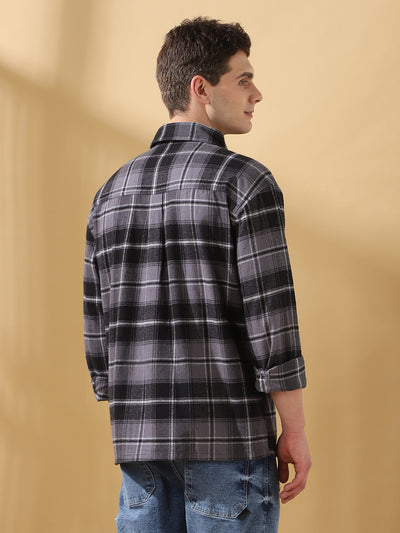 Men Black Relaxed Fit Flannel Checks Spread Collar Casual Shirt