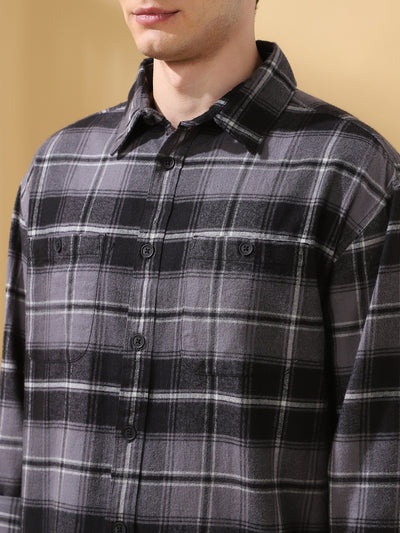 Men Black Relaxed Fit Flannel Checks Spread Collar Casual Shirt