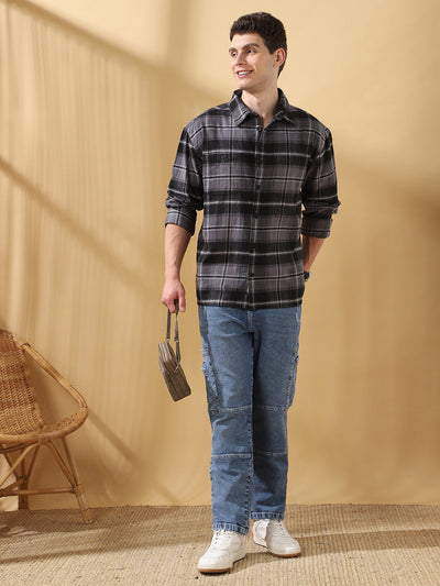 Men Black Relaxed Fit Flannel Checks Spread Collar Casual Shirt