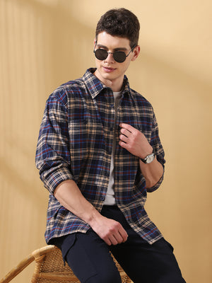 Men Brown Relaxed Fit Flannel Checks Spread Collar Casual Shirt