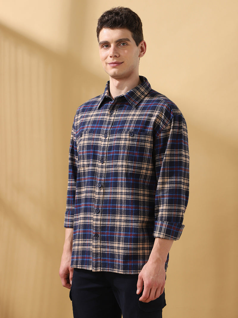 Men Brown Relaxed Fit Flannel Checks Spread Collar Casual Shirt