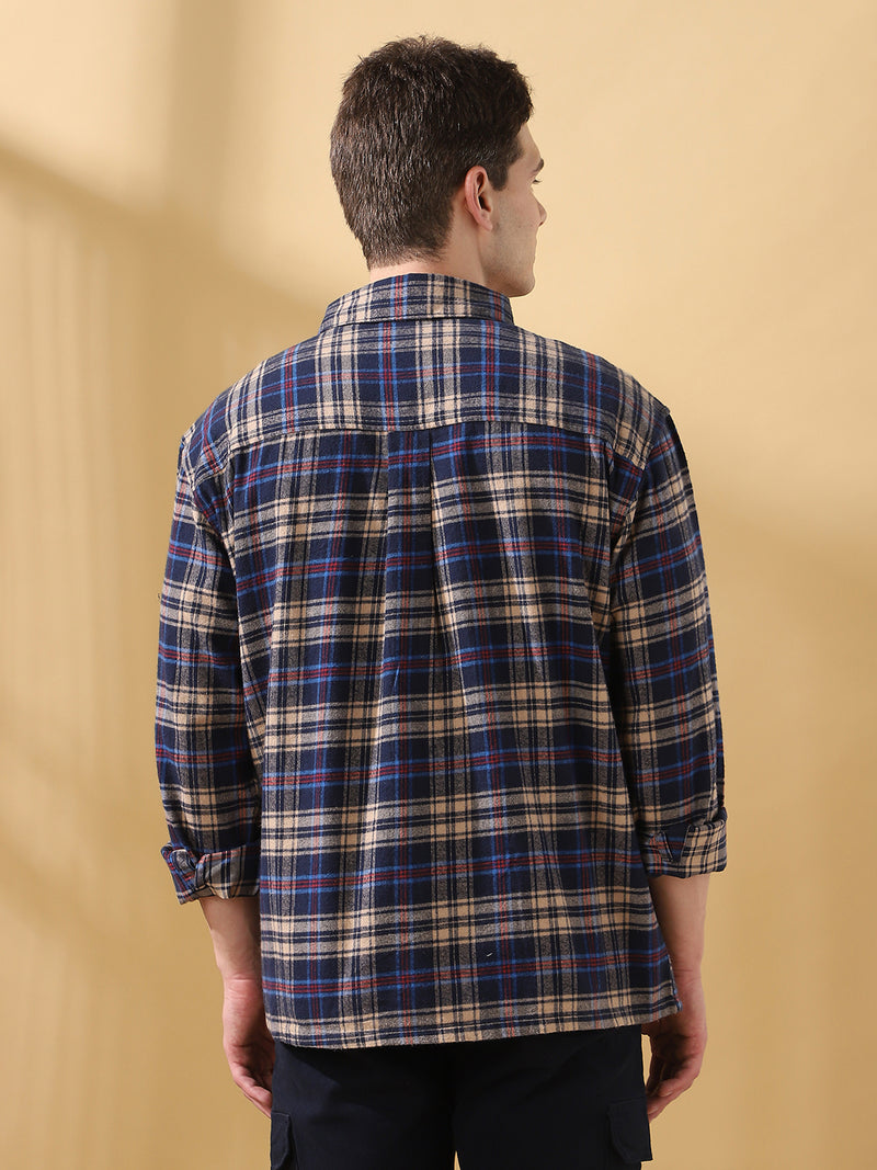 Men Brown Relaxed Fit Flannel Checks Spread Collar Casual Shirt