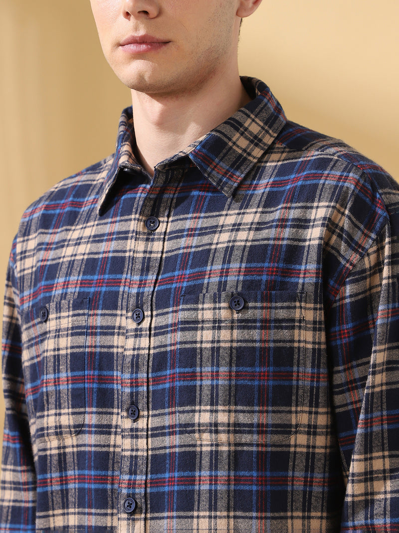 Men Brown Relaxed Fit Flannel Checks Spread Collar Casual Shirt