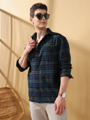 Men Green Relaxed Fit Flannel Checks Spread Collar Casual Shirt