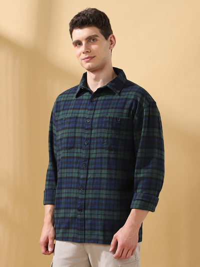Men Green Relaxed Fit Flannel Checks Spread Collar Casual Shirt