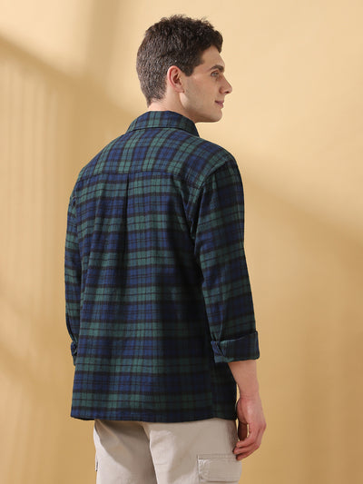 Men Green Relaxed Fit Flannel Checks Spread Collar Casual Shirt