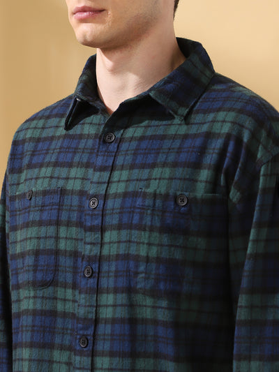 Men Green Relaxed Fit Flannel Checks Spread Collar Casual Shirt
