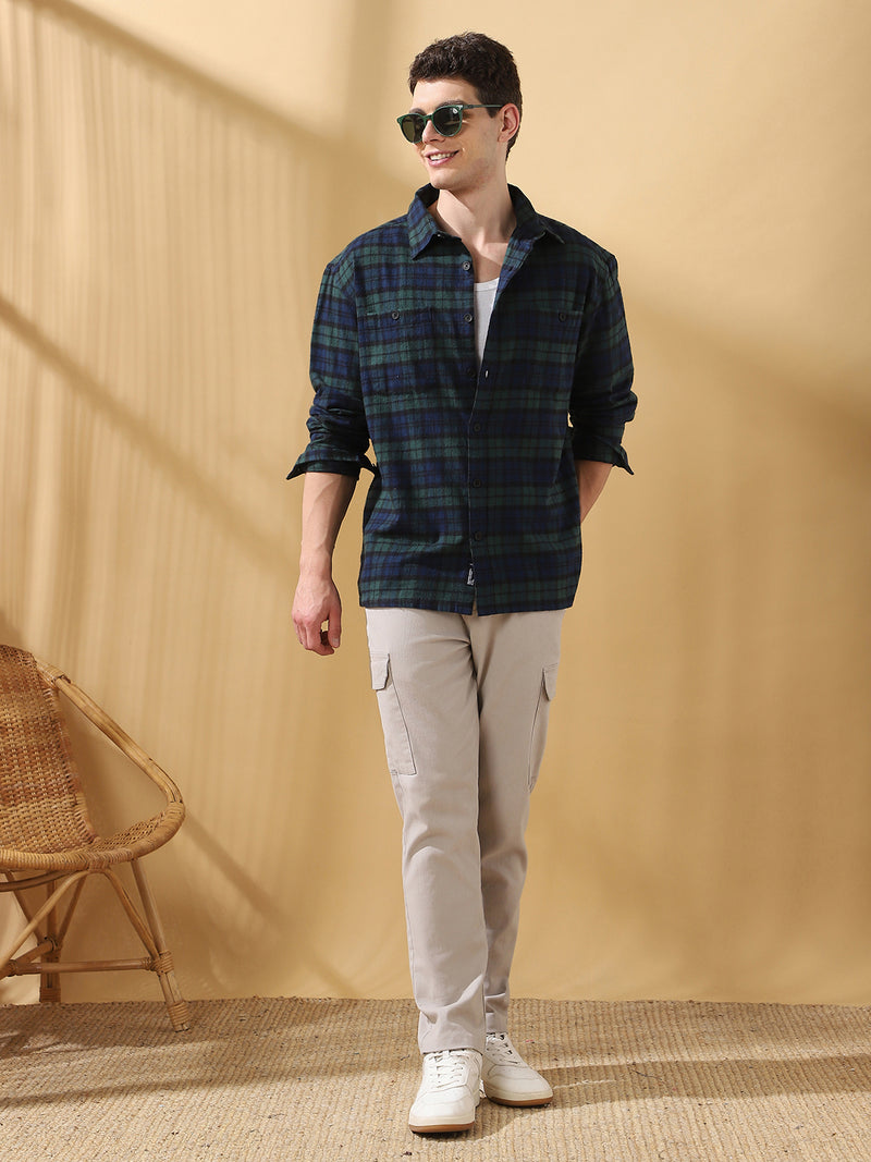 Men Green Relaxed Fit Flannel Checks Spread Collar Casual Shirt