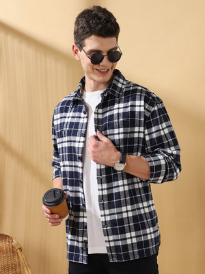 Men Navy Relaxed Fit Flannel Checks Spread Collar Casual Shirt