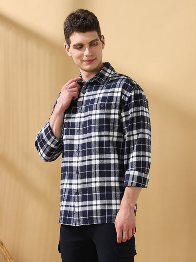 Men Navy Relaxed Fit Flannel Checks Spread Collar Casual Shirt