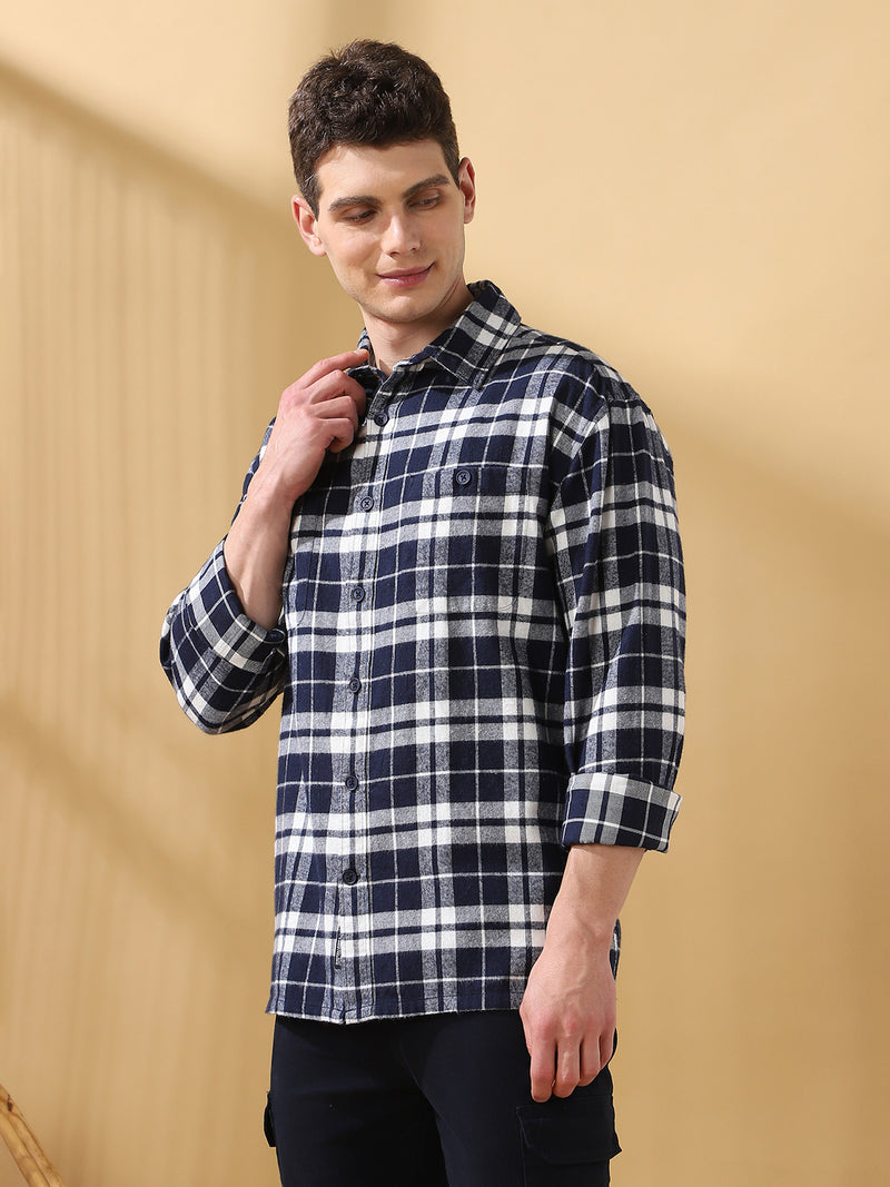 Men Navy Relaxed Fit Flannel Checks Spread Collar Casual Shirt