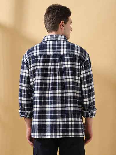 Men Navy Relaxed Fit Flannel Checks Spread Collar Casual Shirt